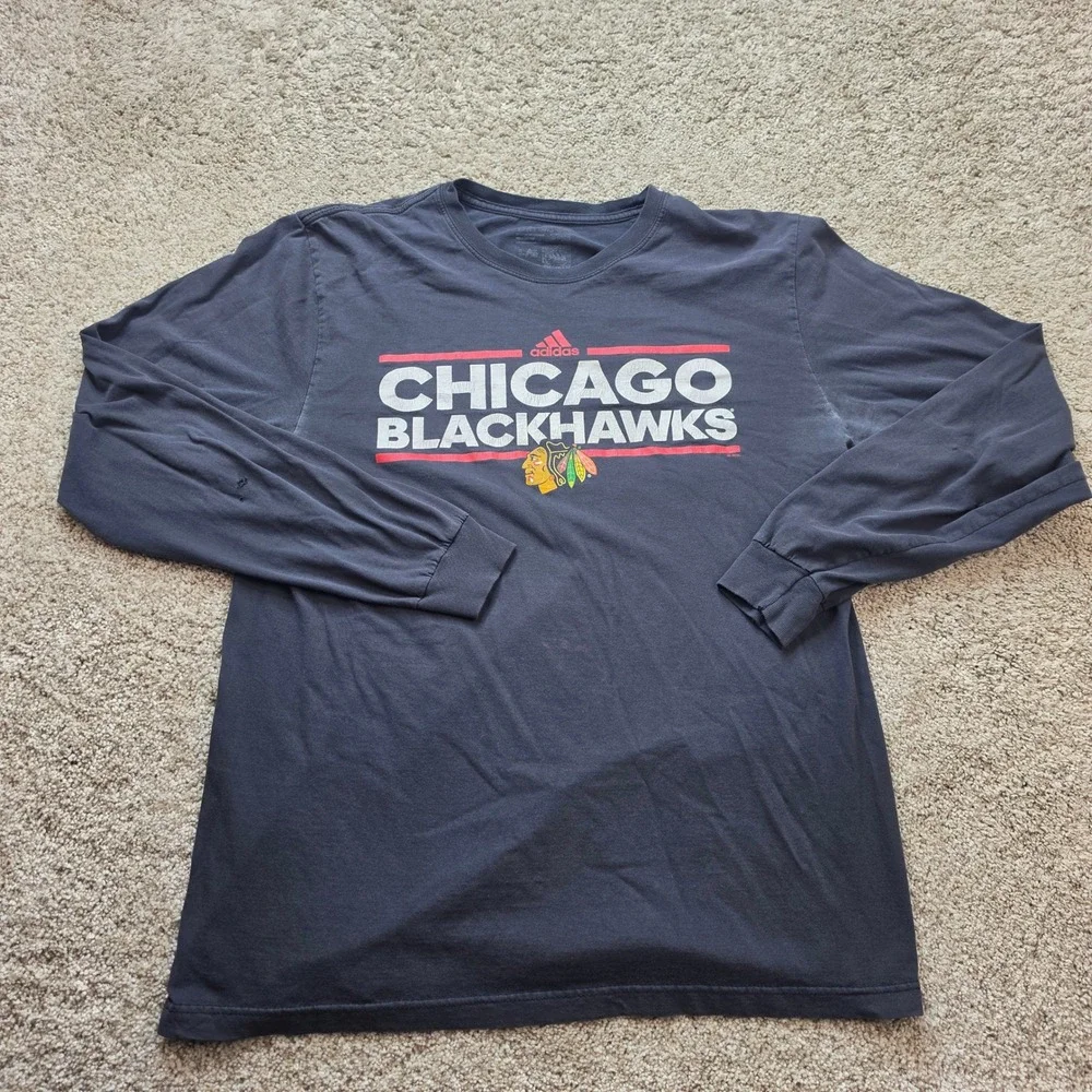 Adidas Chicago Blackhawks Shirt Mens Large Black Athletic Hockey NHL Long Sleeve